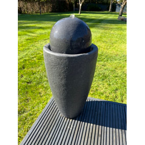 Round Ball On Vase Feature with LED Lights in Full Dark Grey and Black - Solar Panel 65x31x31