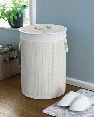 Round Bamboo White Laundry Hamper