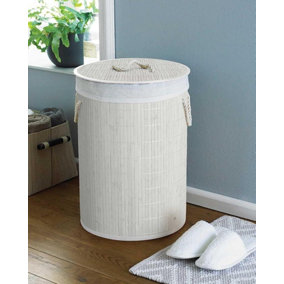 Round Bamboo White Laundry Hamper