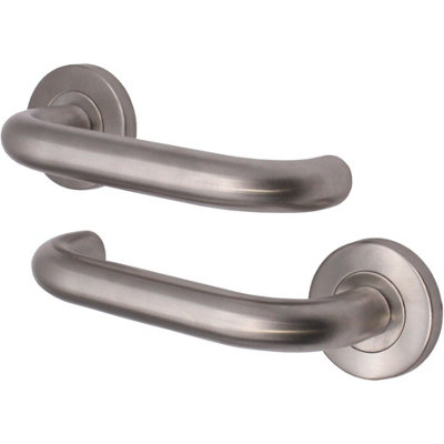 Round Bar Lever Door Handle Fire Door Handle Return To Door Lever on Rose - 19 x 52mm - Satin Stainless Steel