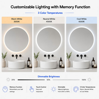 Round Bathroom Mirror with LED Lights 600mm Demister 3 Colour Dimmable ...