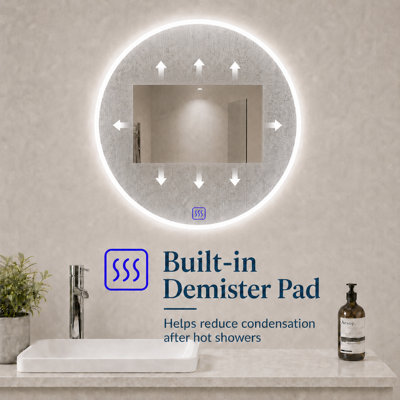 Round Bathroom Mirror with LED Lights 600mm Demister 3 Colour Dimmable ...