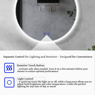 Round Bathroom Mirror with LED Lights 900mm Demister 3 Colour Dimmable ...