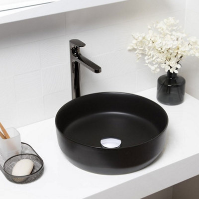 Round Black Ceramic Countertop Basin Bathroom Sink W 360 mm