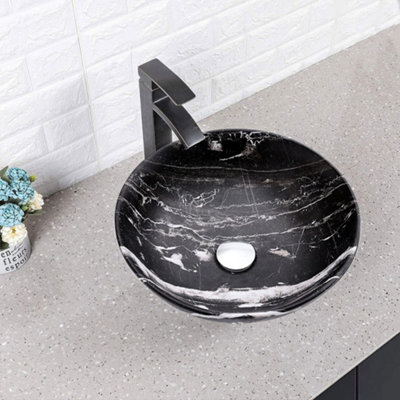 Round Black Ceramic Marble Effect Texture Countertop Basin Bathroom Sink W 395 mm
