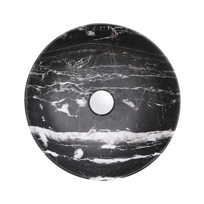 Round Black Ceramic Marble Effect Texture Countertop Basin Bathroom Sink W 395 mm