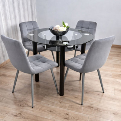 Round Black Glass Dining Table Set with 4 Grey Velvet Chairs Modern ...