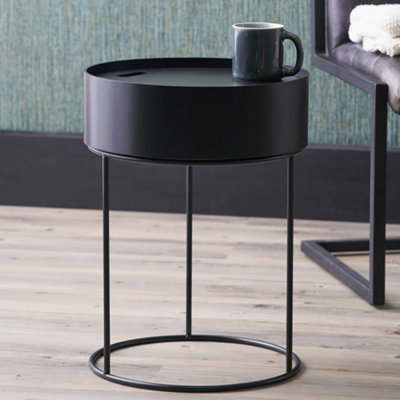 Round Black Wood Storage Table with Metal Legs