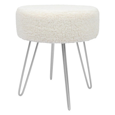 Round Boucle Footstool - H41 x D35cm - Cream/Silver