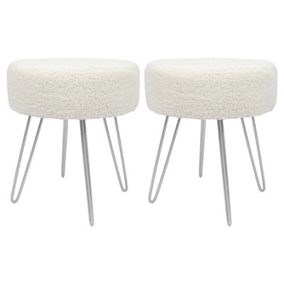 Round Boucle Footstools - H41 x D35cm - Cream/Silver - Pack of 2