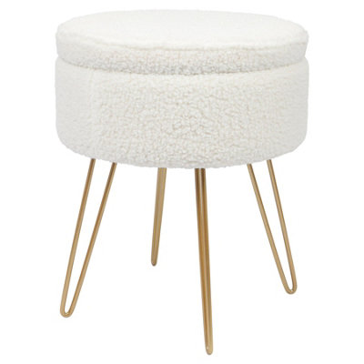 Round Boucle Storage Footstool - H46 x D37cm - Cream/Gold