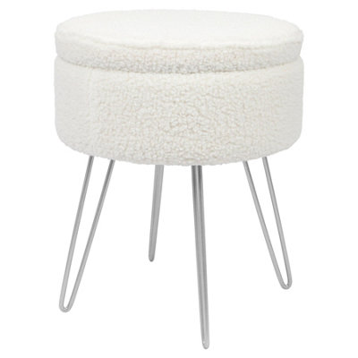 Round Boucle Storage Footstool - H46 x D37cm - Cream/Silver