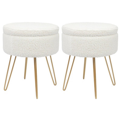 Round Boucle Storage Footstools - H46 x D37cm - Cream/Gold - Pack of 2