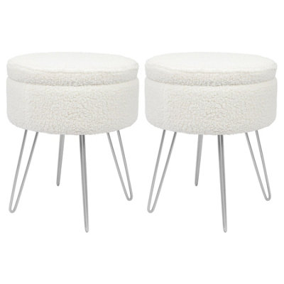 Round Boucle Storage Footstools - H46 x D37cm - Cream/Silver - Pack of 2