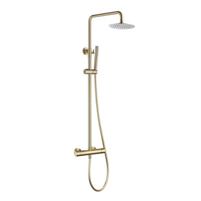 Round Brushed Brass Gold Thermostatic Shower Column & Handset Kit Rigid ...