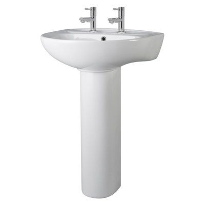 Round Ceramic 2 Tap Hole Basin & Full Pedestal - 550mm