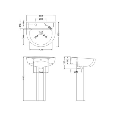 Round Ceramic 2 Tap Hole Basin & Full Pedestal - 550mm