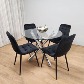 Round Chrome Metal and Clear Glass Dining Table and 4 Black Tufted Velvet Chairs Kitchen Dining Set