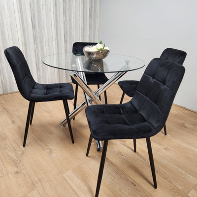 Round Chrome Metal and Clear Glass Dining Table and 4 Black Tufted Velvet Chairs Kitchen Dining Set