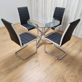 Round Chrome Metal and Clear Glass Dining Table and 4 Stylish Black White Faux Leather Dining Chairs Set