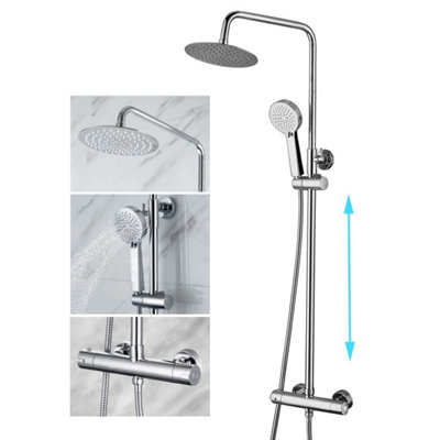 Round Chrome Thermostatic Dual Control Twin Head Shower Mixer Ultra Thin + Kit