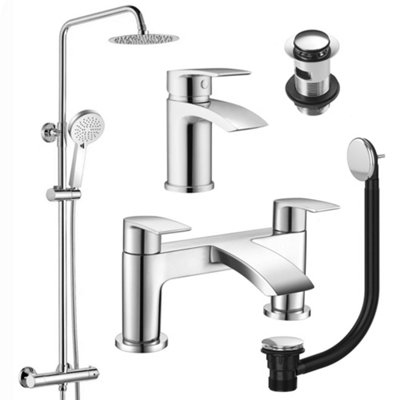 Round Chrome Thermostatic Overhead Shower Kit with Sleek Basin Mixer Tap & Bath Filler Set inc. Waste Set