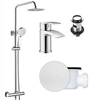 Round Chrome Thermostatic Overhead Shower Kit with Sleek Basin Mixer Tap Set & Shower Waste