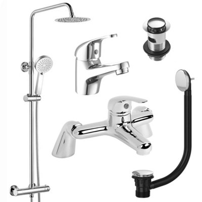 Round Chrome Thermostatic Overhead Shower Kit with Solitaire Basin Mixer Tap & Bath Filler Set inc. Waste Set