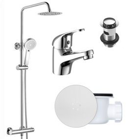 Round Chrome Thermostatic Overhead Shower Kit with Solitaire Basin Mixer Tap Set & Shower Waste