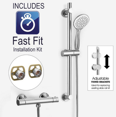 Round Chrome Thermostatic Shower Mixer Bar Valve & Slider Rail Kit Handset + FFK