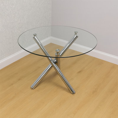 Round Clear Glass Dining Table Set with 4 Mustard Gem Pattern Chairs ...