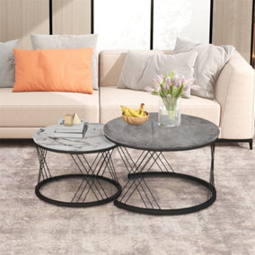 Round Coffee Table, Modern Coffee Table Set of 2 Marble Pattern Top with Metal Frame for Living Room