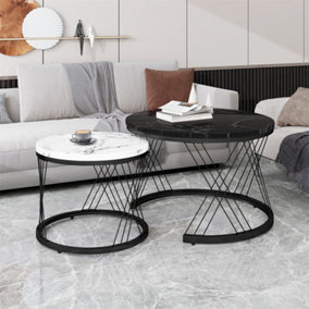 Round Coffee Table, Modern Coffee Table Set of 2 Marble Pattern Top with Metal Frame, White and Black