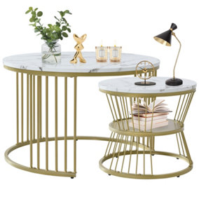 Round Coffee Tables, Removable Set of 2 End Table, Nesting Tables with Gold Metal Frame Legs and Marble Pattern Top