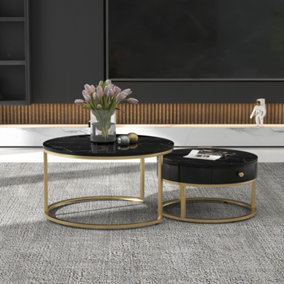 Round Coffee Tables with Drawer Nesting Tables with Storage Gold Metal Frame Legs and Marble Pattern (non-rock slab)Top