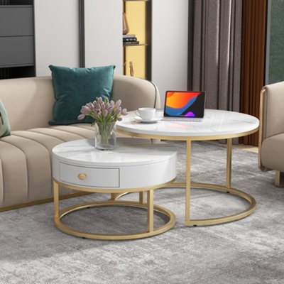 Round Coffee Tables with drawer Nesting Tables with Storage Gold Metal Frame Legs and Marble Pattern