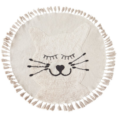 Round Cotton Area Rug Cat Motif 120 cm Beige ETSERI