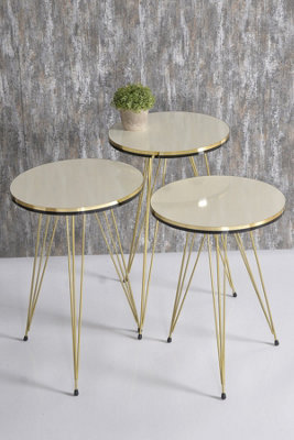 Round creme Nesting tables with Gold Pipe legs - Black and gold PVC - Top Gloss Finish