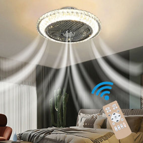Round Crystal Flush Mount LED Ceiling Fan Light with Remote Control Dia 500mm