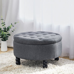 Round Dark Grey Linen Upholstered Storage Ottoman Footstool with Tray Top Table Dia 700 x H 450 mm