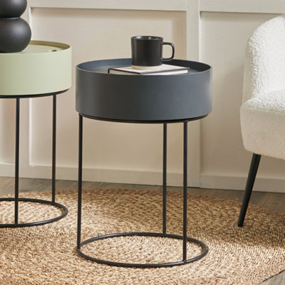 Round Dark Grey Wood Storage Table with Metal Legs