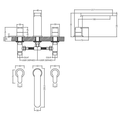 Round Deck 3 Mounted Tap Hole Bath Filler Tap - Chrome
