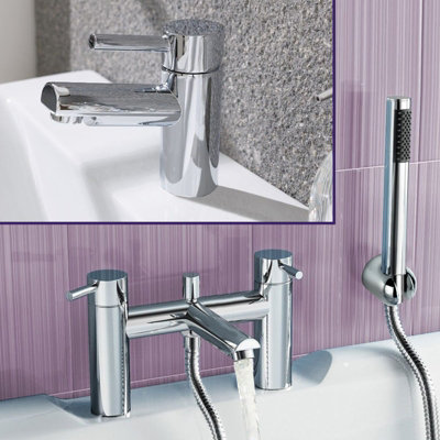 Round Deck Mounted Bath Shower Mixer With Handset & Basin Single Lever Mixer Tap