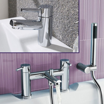 Round Deck Mounted Bath Shower Mixer With Handset & Basin Single Lever Mixer Tap