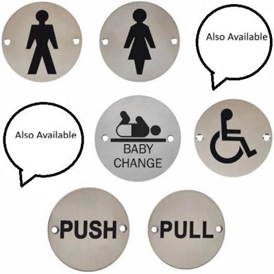 Round Door Sign, 75mm Diameter, Stainless Steel, Screen Printed (WC)