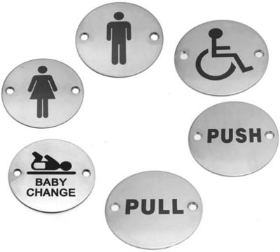 Round Door Sign, 75mm Diameter, Stainless Steel, Screen Printed (WC)