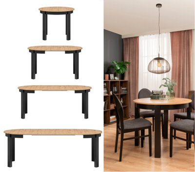Round Extendable Dining Table 95 -195cm Oval Oak Effect Top Black Legs ...