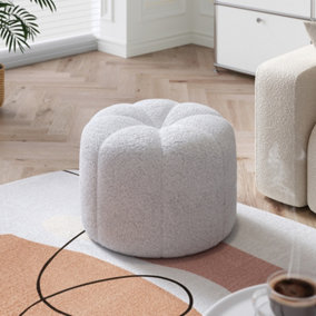 Round Flower Shape White Teddy Fur Upholstered Footstool