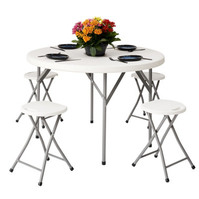 Round Folding Table & 4 Folding Stool Set with Parasol Hole