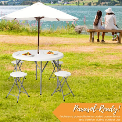 Round Folding Table & 4 Folding Stool Set with Parasol Hole